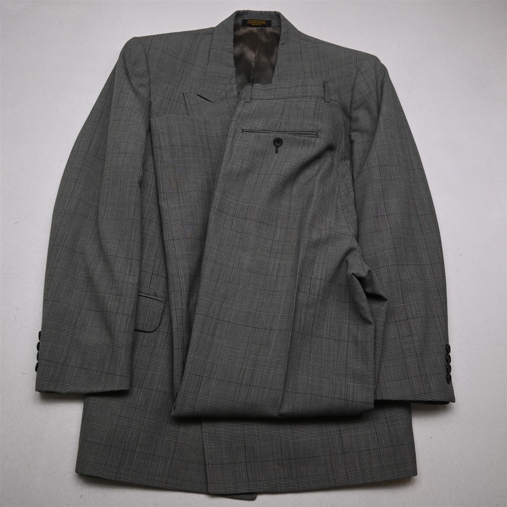 Vtg USA Double Breasted 42L 32x32 Gray Glenn Check Wool Mens‎ Jacket Pants Suit